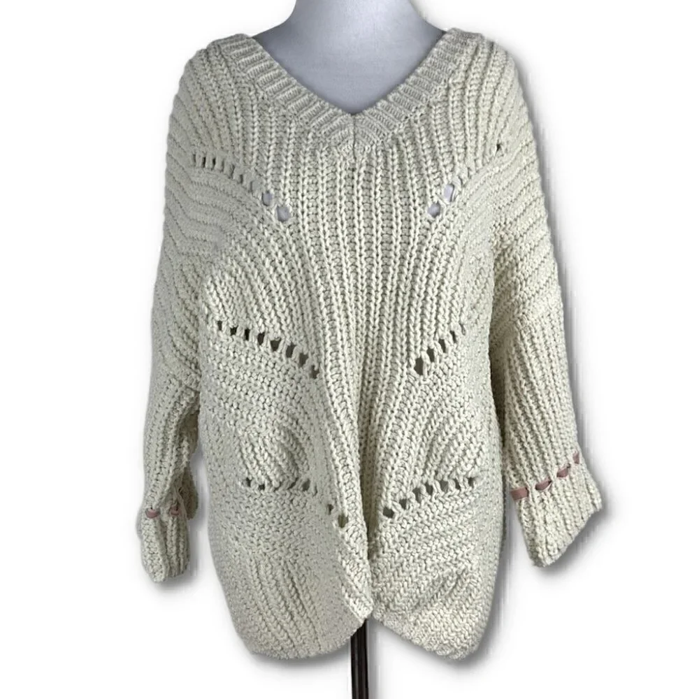 POL Womens sweater size L cream pink open knit chunky v-beck